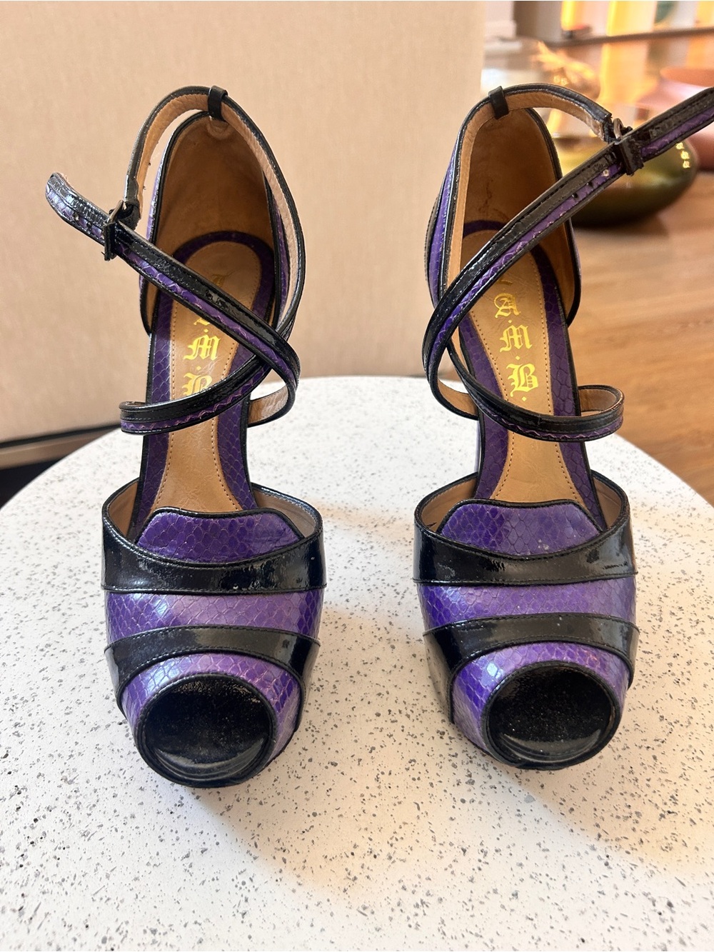 L.A.M.B. Purple and Black Strappy Peep-Toe Sandals